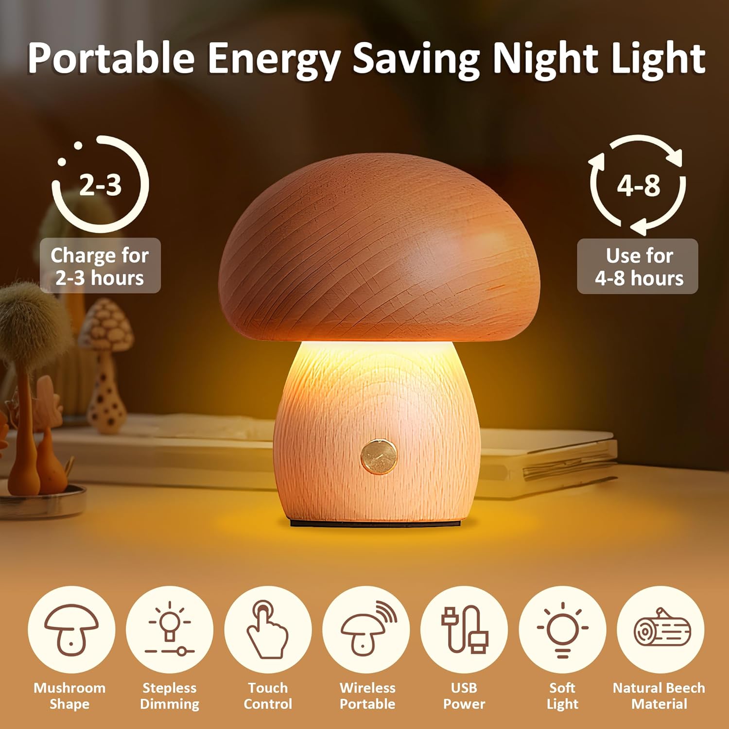 Wooden Mushroom Lamp, Portable - đánh giá và giá Mushroom Table Lamp